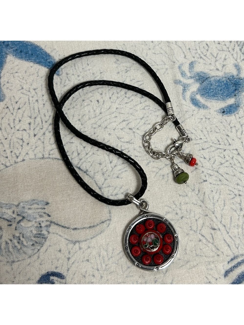 Brighton Pagoda Necklace Leather Cord Chain Silver Plated Red Green Medallion - Picture 13 of 13